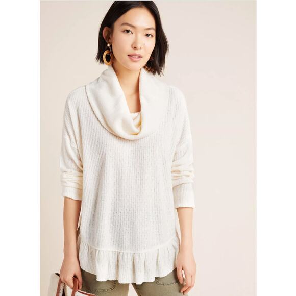 Anthropologie Maeve Addie Ruffled Hacci Pullover Ivory Soft Knit Shirt Size M - Picture 1 of 10